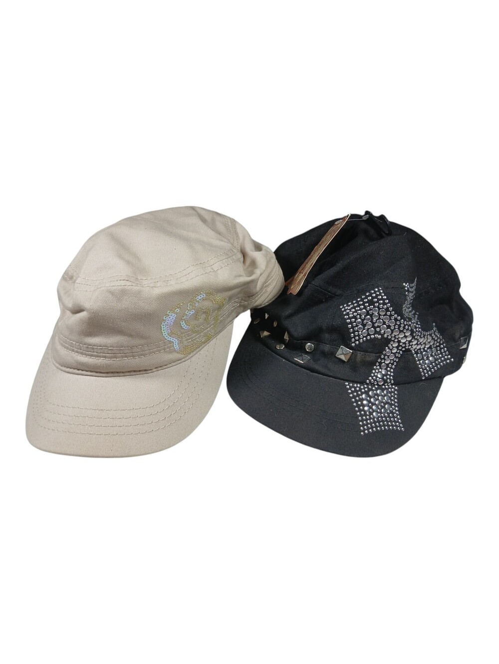 2 Womens Adult size Caps by Pugs Gear Beige/Sequins & Black w/silver Cross NWT